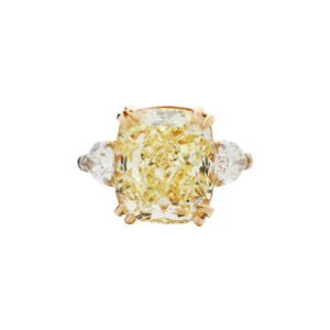 Platinum, Gold and 10.06ct Cushion Cut Fancy Yellow Diamond Three Stone Engagement Ring