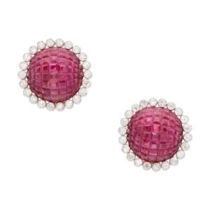 Platinum, Gold, Invisibly Set Ruby and Diamond Earclips