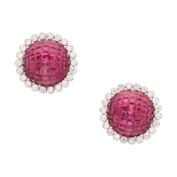 Platinum, Gold, Invisibly Set Ruby and Diamond Earclips