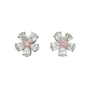 Platinum, Pink Diamond and Diamond Flower Stud Earrings