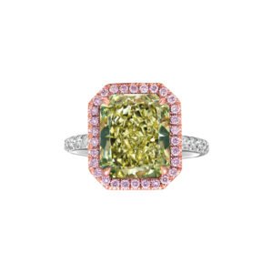 Platinum, Rose Gold, 5.00ct Radiant Cut Fancy Greenish Yellow Diamond and Diamond Ring