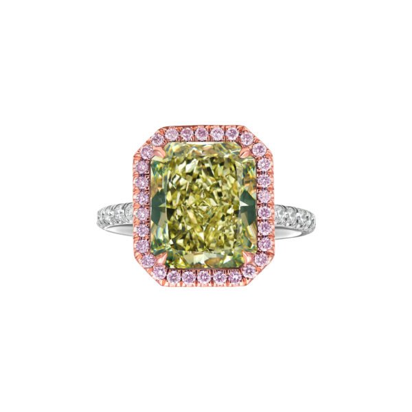 Platinum, Rose Gold, 5.00ct Radiant Cut Fancy Greenish Yellow Diamond and Diamond Ring