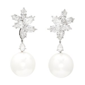 Platinum, South Sea Cultured Pearl and Diamond Cluster Earrings