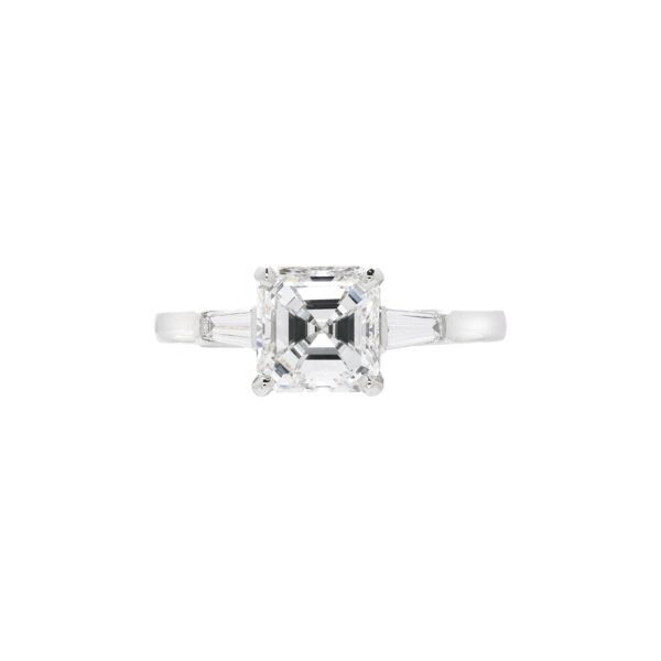 Platinum, White Gold, 2.42ct Square Emerald Cut Diamond and Diamond Engagement Ring
