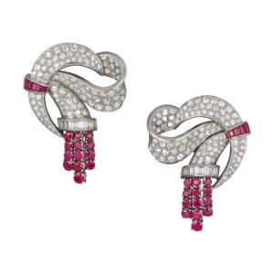 Platinum, White Gold, Burmese Ruby and Diamond Convertible Double Clip Brooch Earclips