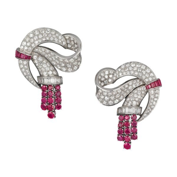Platinum, White Gold, Burmese Ruby and Diamond Convertible Double Clip Brooch Earclips