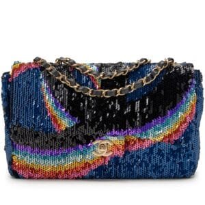 Rainbow Sequin and Blue Lambskin Medium Single Flap Bag Gold Hardware, 2021