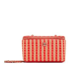 Red and Beige Raffia, Jute and Lambskin Mini Rectangular Vanity with Chain Gold Hardware, 2021