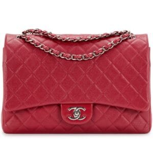 Red Quilted Caviar Maxi Classic Double Flap Silver Hardware, 2018-2019