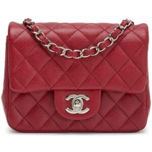 Red Quilted Caviar Mini Square Classic Single Flap Bag Silver Hardware, 2017