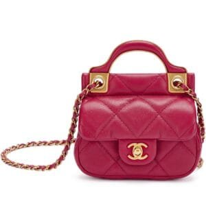 Red Quilted Grained Calfskin Micro Flap Bag with Chain Brushed Gold Hardware, 2021