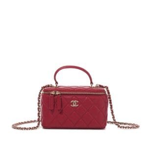 Red Quilted Lambskin Top Handle Long Vanity Case Aged Gold Hardware, 2022