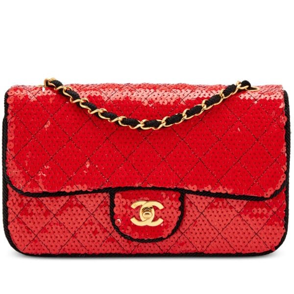 Red Sequin and Black Grosgrain Quilted Medium Single Flap Gold Hardware, 1989-1991