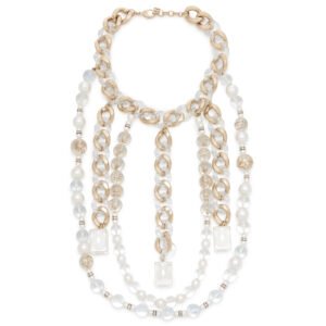 Resin, Faux Pearl, and Pale Gold Strass Metal Curb Chain Drop Necklace, 2019