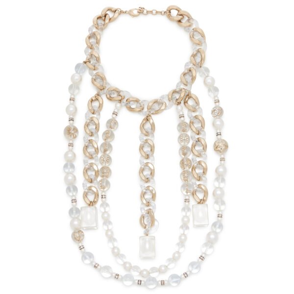 Resin, Faux Pearl, and Pale Gold Strass Metal Curb Chain Drop Necklace, 2019
