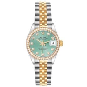 Rolex Datejust Mint Green Dial (Reference 279383). A yellow gold stainless steel diamond set automatic wristwatch with date.
