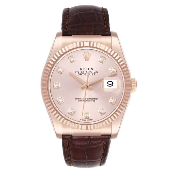 Rolex Datejust (Reference 116135). A rose gold diamond set automatic wristwatch with date.