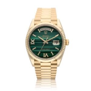 Rolex Day-Date Malachite Dial (Reference 128238). A yellow gold automatic wristwatch with day and date. 2021