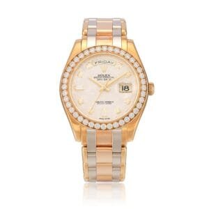 Rolex. Day-Date (Reference 18948) A tri-colour gold and diamond-set meteorite dial wristwatch. circa 2015
