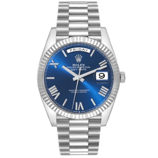 Rolex Day-Date (Reference 228236). An unworn platinum blue-dial automatic wristwatch with day and date. 2023