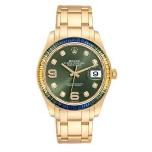 Rolex Pearlmaster (Reference 86348). A yellow gold diamond-set sapphire bezel automatic wristwatch with date. 2019
