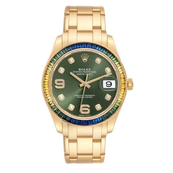 Rolex Pearlmaster (Reference 86348). A yellow gold diamond-set sapphire bezel automatic wristwatch with date. 2019