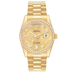 Rolex President Day-Date (Reference 118348). A yellow gold diamond set automatic wristwatch with day and date. 2008-2009