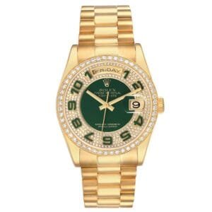 Rolex President Day-Date (Reference 118348). A yellow gold green enamel diamond-set automatic wristwatch with date and day.