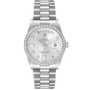 Rolex President Day-Date (Reference 18346). A platinum diamond-set automatic wristwatch with date and day. 1995-1996