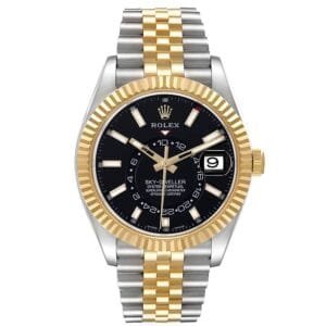 Rolex Sky-Dweller (Reference 326933). A yellow gold stainless steel automatic wristwatch with date, dual time zones, and annual calendar. 2021