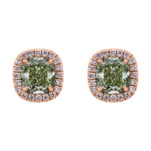 Rose Gold, 1.72ctw Cushion Cut Fancy Yellow-Green Diamond and Pink Diamond Stud Earrings