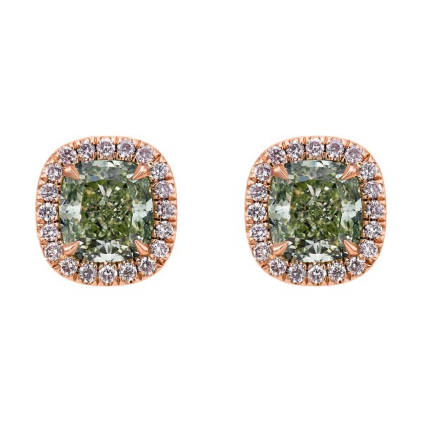 Rose Gold, 1.72ctw Cushion Cut Fancy Yellow-Green Diamond and Pink Diamond Stud Earrings