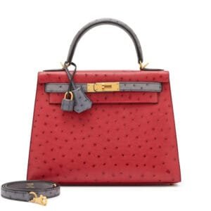 Rouge Vif and Gris Agate Ostrich Sellier HSS Kelly 28 Brushed Gold Hardware, 2017