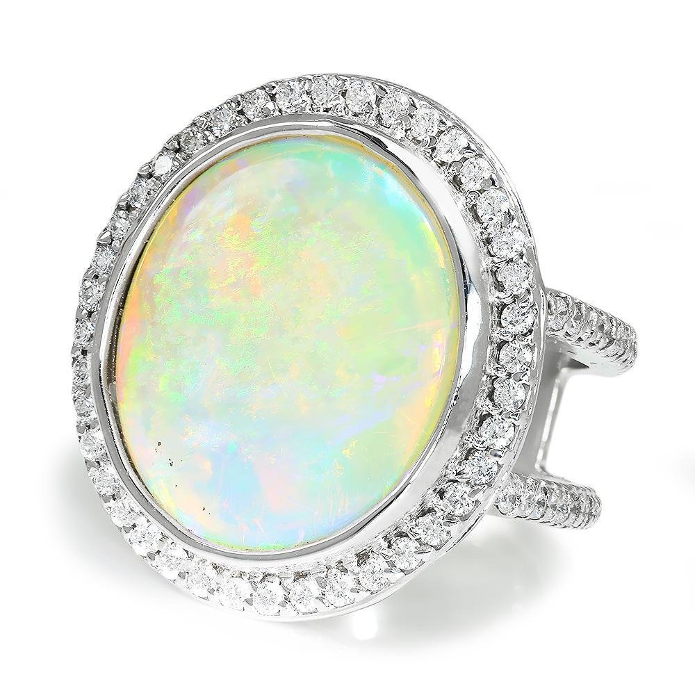Round Australian Opal Halo Diamond Ring White Gold 14.24ctw