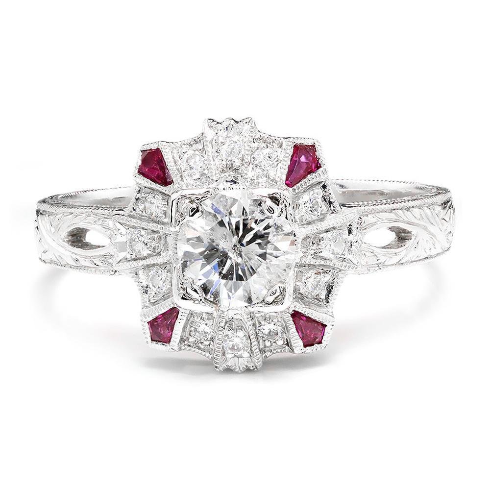 Round Diamond Filigree Engagement Ring with Rubies 18K
