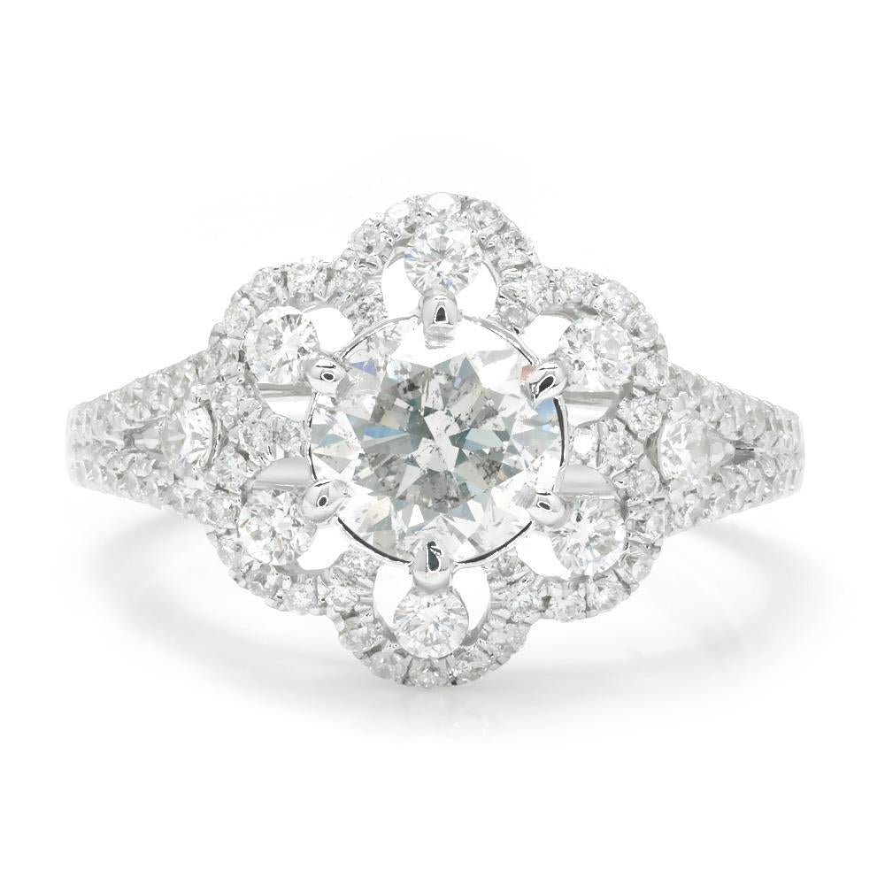 Round Diamond Flower Halo Engagement Ring 18K 1.85ctw