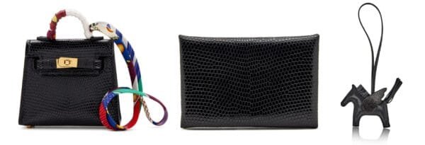 Set of 3 Black Lizard and Milo Lambskin Rodeo Pegase Charm PM, 2022, Black Lizard Calvi Wallet Palladium Hardware, 2023, and Black Lizard Micro Mini Kelly Twilly Bag Charm Gold...