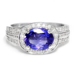 Sideways Oval Tanzanite Halo Ring with Diamonds White Gold