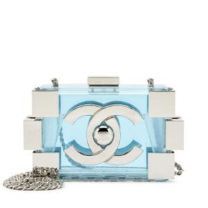 Silver Metal and Clear Blue Plexiglass Supermarket Boy Brick Lego Minaudière Clutch Silver Hardware, 2014
