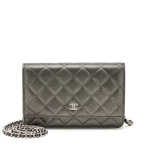 Silver Metallic Quilted Lambskin Classic CC Wallet on Chain Silver Hardware, 2022-2023