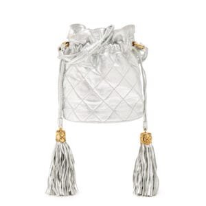 Silver Quilted Lambskin Drawstring Tassel Bag Gold Hardware, 1989-1991