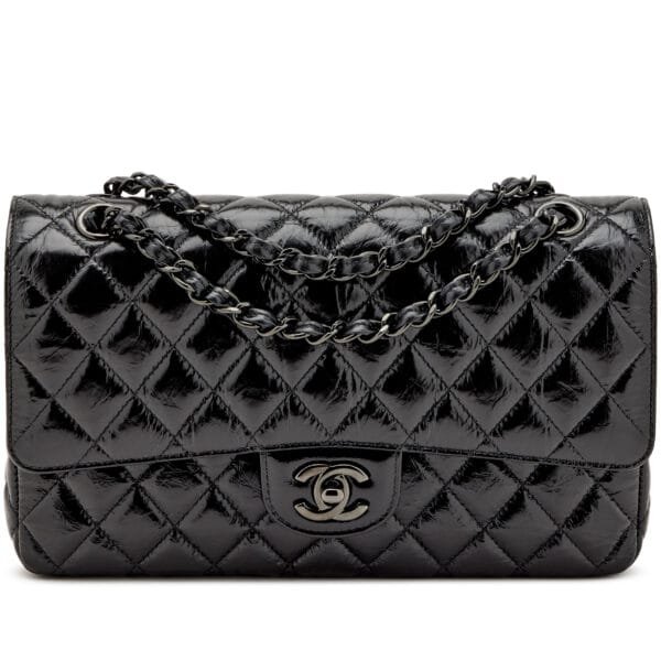 So Shiny Black Quilted Crumpled Calfskin Medium Double Flap Bag Black Hardware, 2019