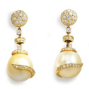 Teardrop Golden South Sea Pearl Earrings with Diamonds 18K