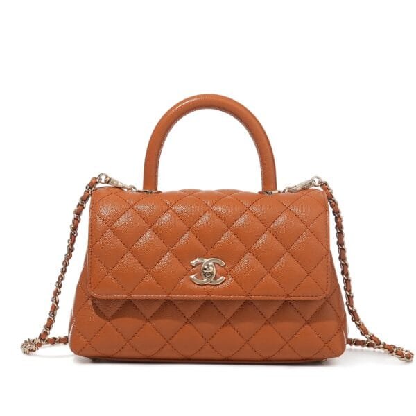 Toffee Quilted Caviar Coco Top Handle Flap Bag Gold Hardware