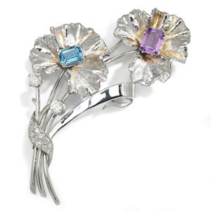 Topaz and Amethyst Flower Brooch Pin with Diamonds White Gold