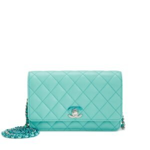 Turquoise Blue Quilted Lambskin Classic Wallet On Chain WOC Two Tone Blue and Silver Hardware, 2024