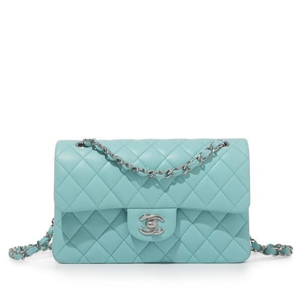 Turquoise Quilted Lambskin Classic Double Flap Bag Silver Hardware, 2019