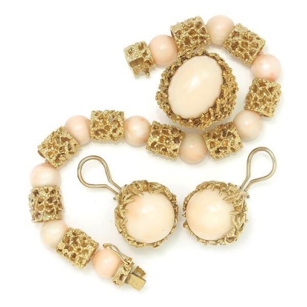 Vintage Angel Skin Coral Ring, Bracelet & Earrings Set Yellow Gold