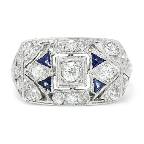 Vintage Art Deco Diamond Dinner Ring with Sapphire's Platinum .60ctw