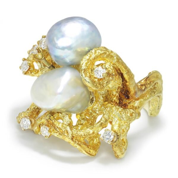 Vintage Baroque Pearl & Diamond Twig Ring 18K Yellow Gold